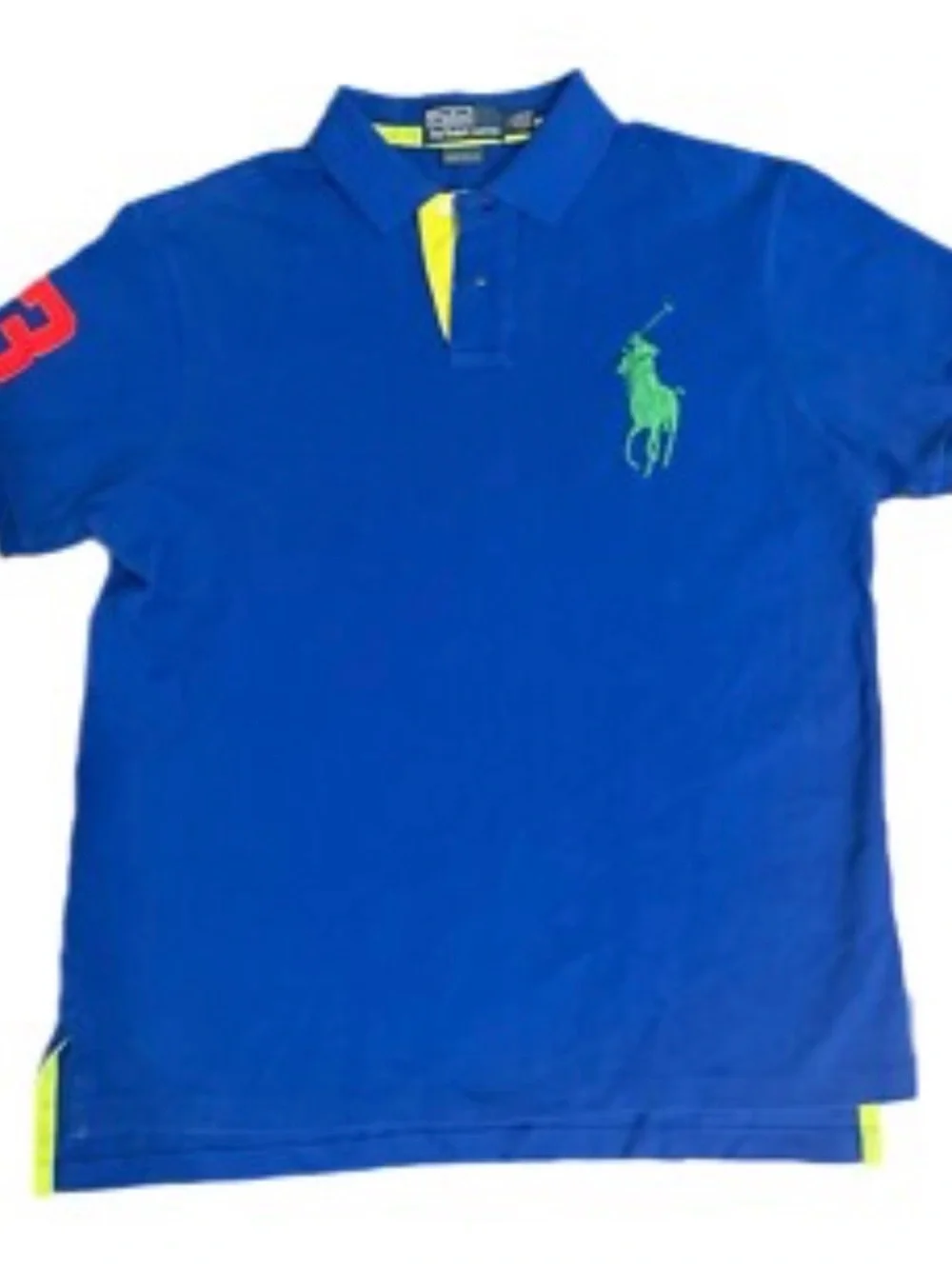 Ralph Lauren Royal Blue Polo with Lime Logo and Red Sleeve Detail